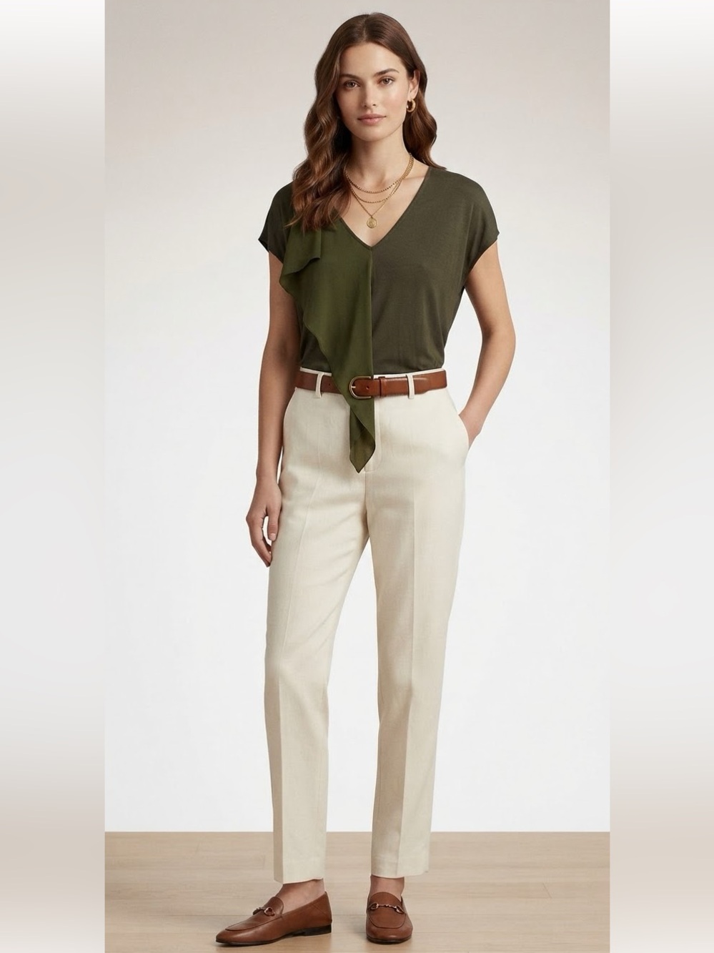 Michael Kors Olive Green V-Neck Ruffle-Accent Blouse Cap Sleeves Size Small
